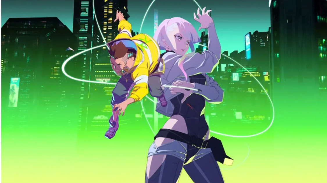 Two Cyberpunk Edgerunners characters in action poses against a neon city backdrop.