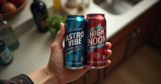 Image of Celsius can with silver lid mistakenly filled with vodka seltzer next to a real High Noon can on a counter.