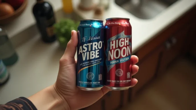 Image of Celsius can with silver lid mistakenly filled with vodka seltzer next to a real High Noon can on a counter.