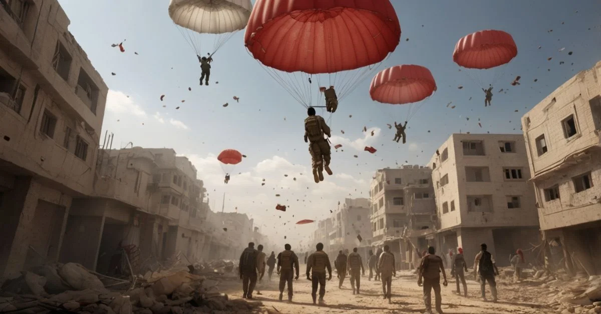 Humanitarian aid parachutes descending over a damaged Gaza Street as civilians look up.