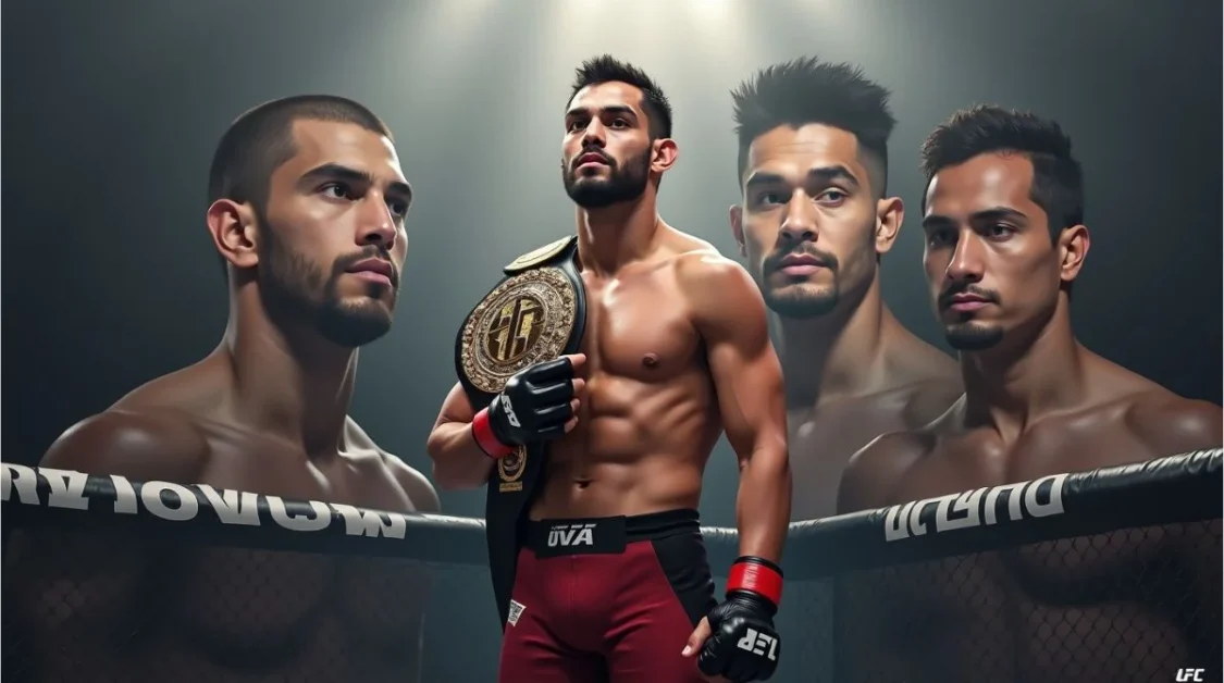 Merab Dvalishvili in the UFC Octagon wearing his bantamweight title, standing humbly with other top fighters in the background.