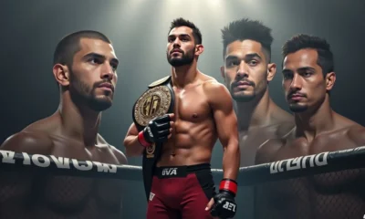 Merab Dvalishvili in the UFC Octagon wearing his bantamweight title, standing humbly with other top fighters in the background.