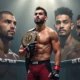 Merab Dvalishvili in the UFC Octagon wearing his bantamweight title, standing humbly with other top fighters in the background.