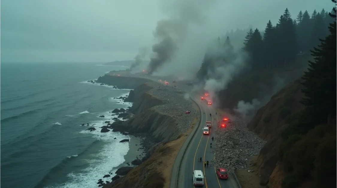 Northern California coast with emergency response and evacuations following a magnitude 7.0 earthquake and tsunami warning.