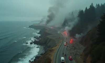 Northern California coast with emergency response and evacuations following a magnitude 7.0 earthquake and tsunami warning.