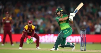 Image of Pakistan batsman plays a shot against West Indies during T20I match in Florida.