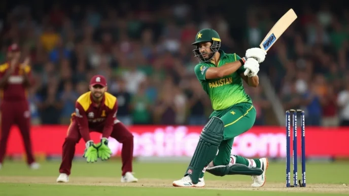 Image of Pakistan batsman plays a shot against West Indies during T20I match in Florida.