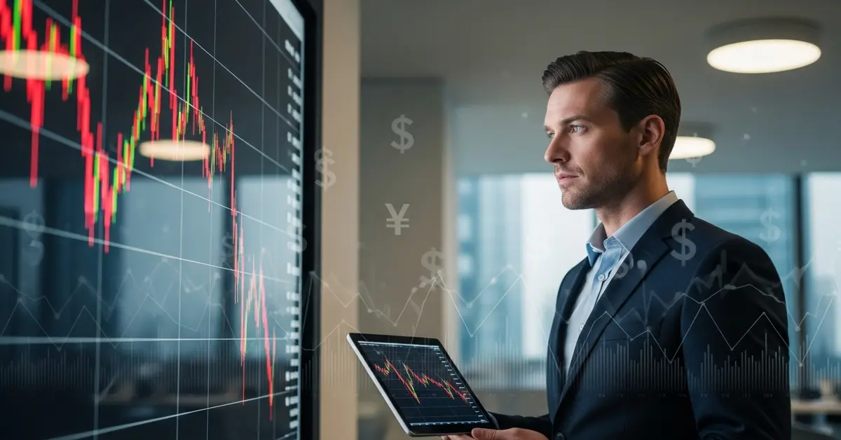 Trader in office checking market screen during stock decline