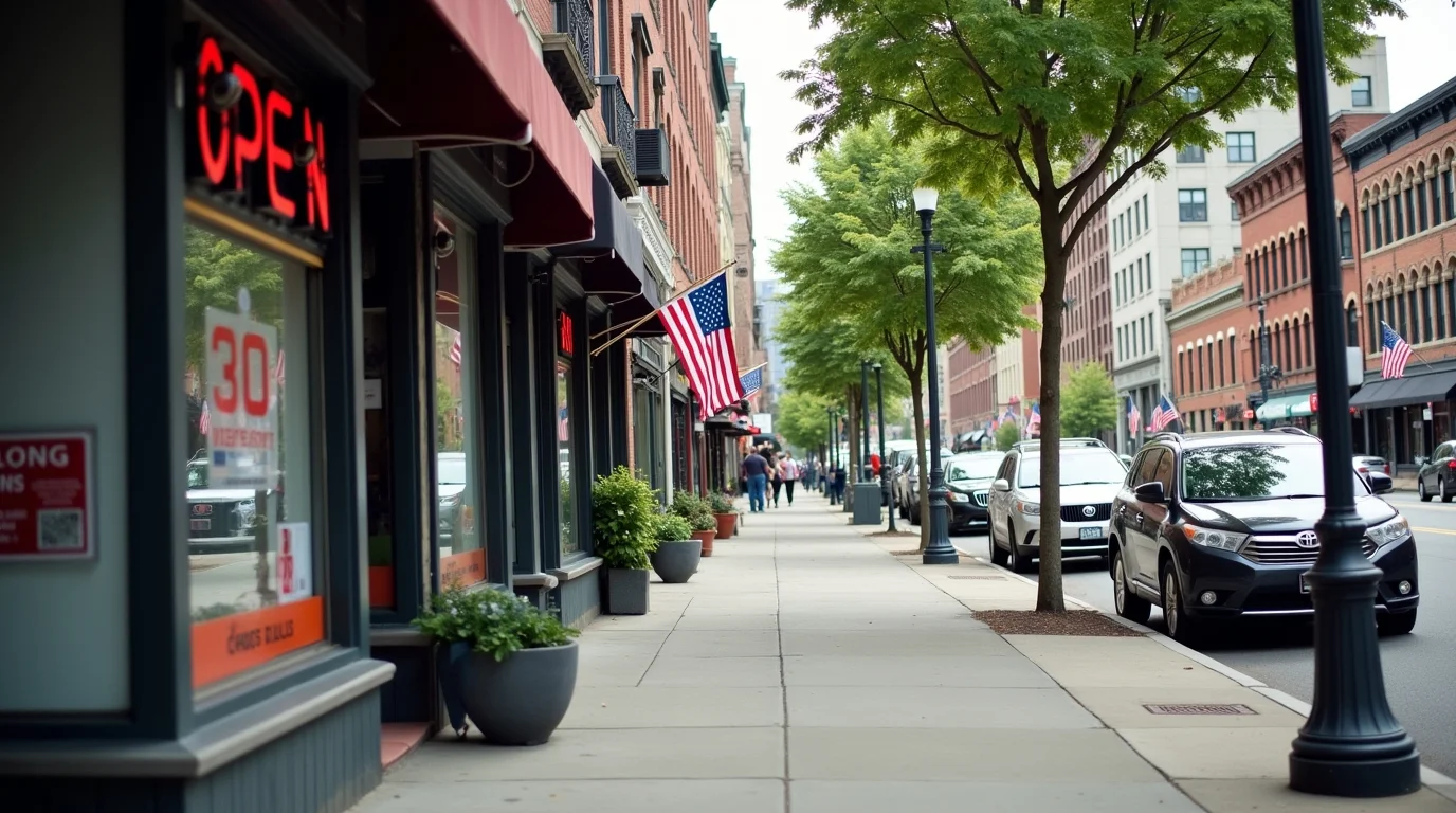 Storefronts with holiday signs on a quiet street on the Fourth of July