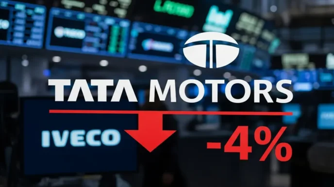 Tata Motors logo with red arrow showing stock decline