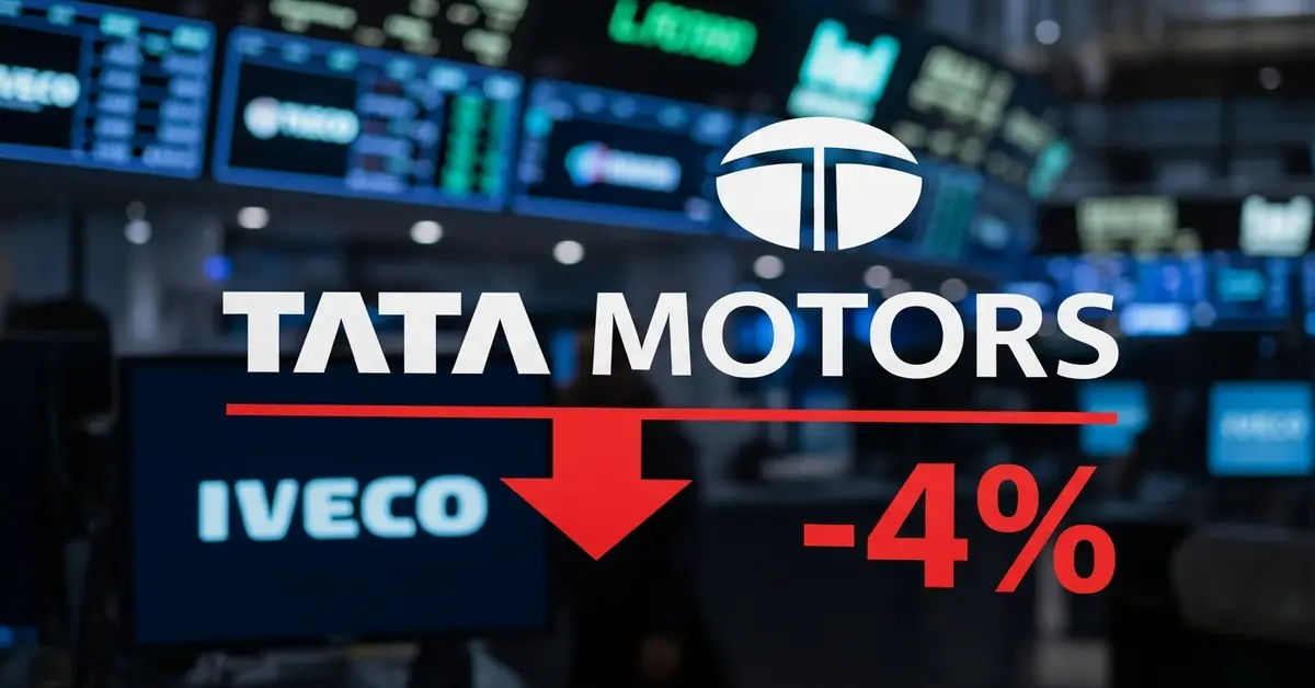 Tata Motors logo with red arrow showing stock decline