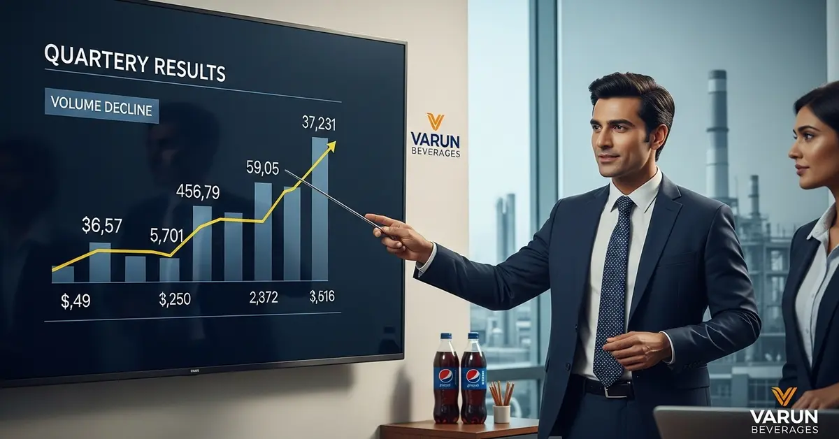Corporate executive presents Varun Beverages Q2 profit results with growth chart despite lower sales volume