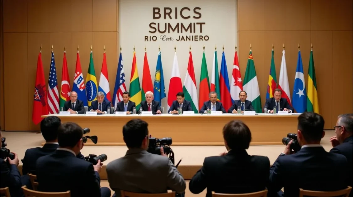 World leaders at BRICS Summit 2025 in Rio seated at a formal conference table with national flags in the background.