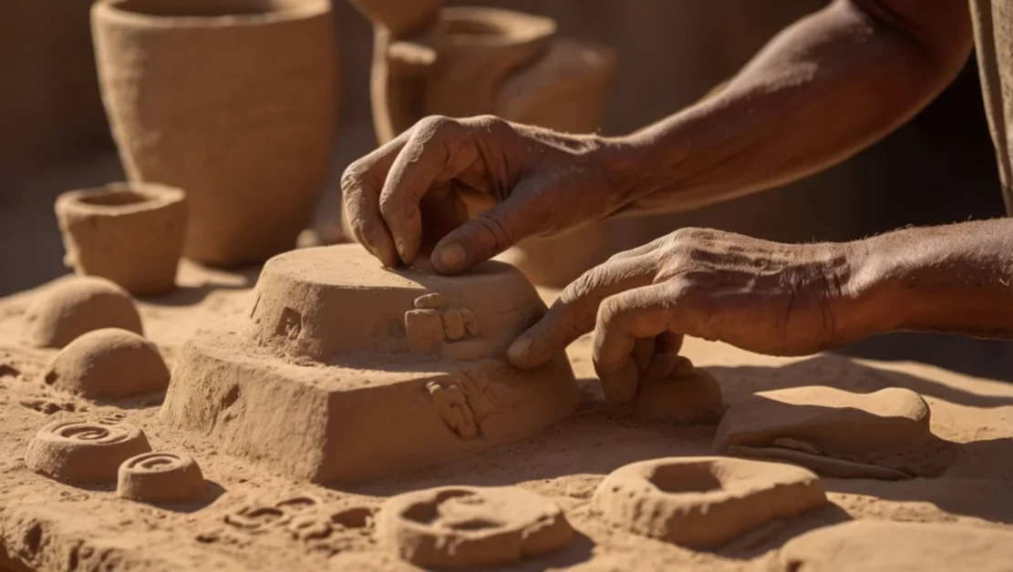 Ancient Egyptian artisan leaving a handprint on a clay soul house in a desert workshop setting.