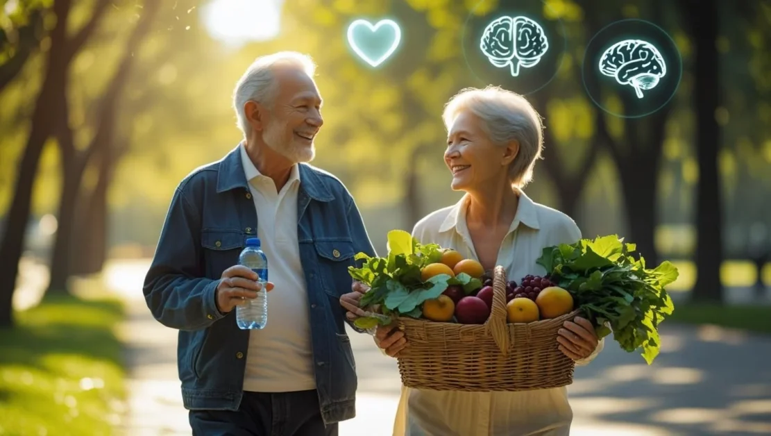 Elderly couple enjoying a walk in the park with fresh food and smiling faces, representing healthy habits that help slow cognitive decline.