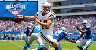 Image of Trey Lance in action during the Chargers vs. Lions 2025 Hall of Fame Game preseason opener.