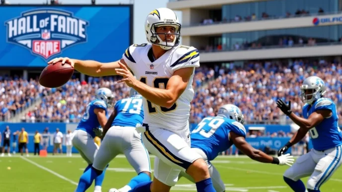 Image of Trey Lance in action during the Chargers vs. Lions 2025 Hall of Fame Game preseason opener.