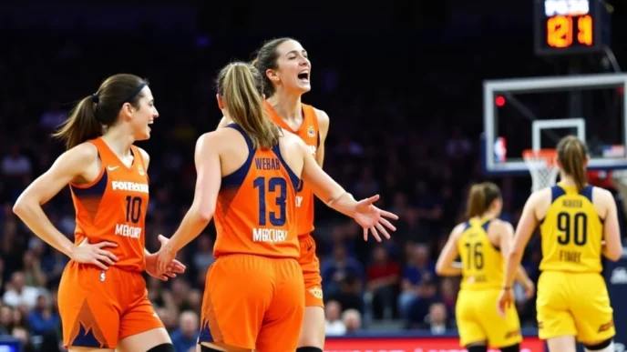Image of Phoenix Mercury players celebrate win over Indiana Fever 104–97 in WNBA 2025 game, while Fever players look disappointed.