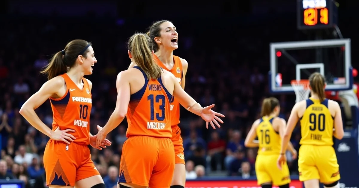 Image of Phoenix Mercury players celebrate win over Indiana Fever 104–97 in WNBA 2025 game, while Fever players look disappointed.