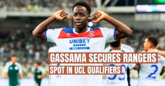 Image of Djeidi Gassama celebrates after scoring for Rangers vs Panathinaikos in Athens.