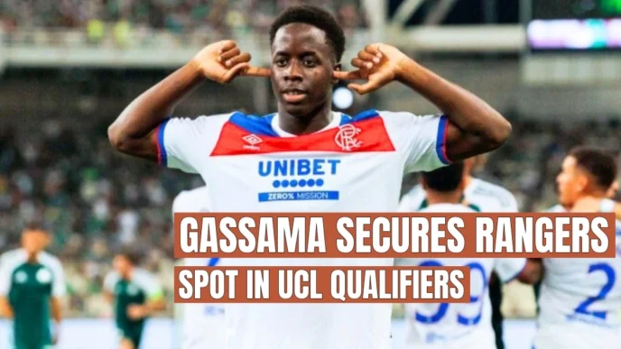 Image of Djeidi Gassama celebrates after scoring for Rangers vs Panathinaikos in Athens.