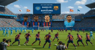 Barcelona and Daegu FC players warming up in a packed stadium with team banners and cheering fans.