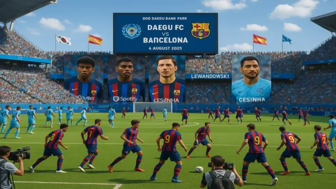 Barcelona and Daegu FC players warming up in a packed stadium with team banners and cheering fans.
