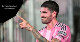 Image of Rodrigo De Paul celebrates first goal for Inter Miami vs Pumas.