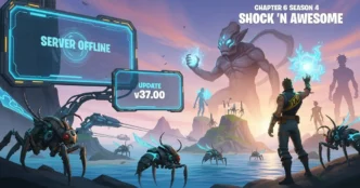 Illustration of Fortnite Season 4 with insect invasion, Kraken, and server offline screen.