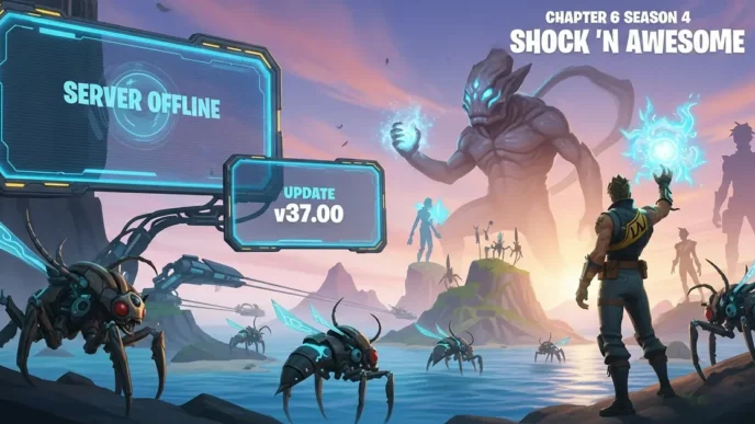 Illustration of Fortnite Season 4 with insect invasion, Kraken, and server offline screen.