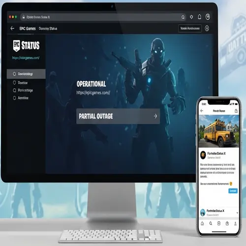  Illustration of Fortnite Status website and @FortniteStatus feed showing real-time server updates.