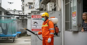 A worker in protective gear sprays insecticide as an elderly woman watches from a window during a chikungunya virus outbreak in China.