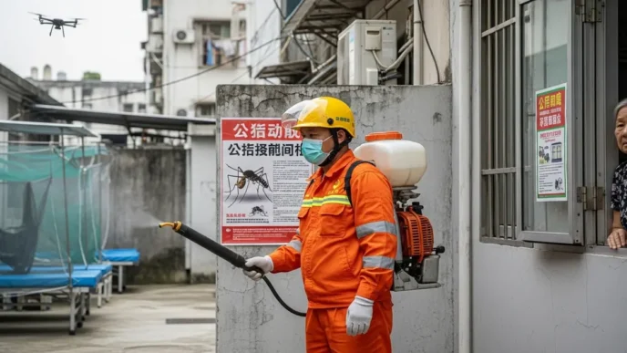 A worker in protective gear sprays insecticide as an elderly woman watches from a window during a chikungunya virus outbreak in China.