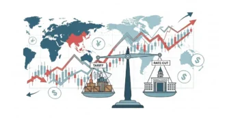 Illustration of Asian markets fluctuating with symbols for tariffs, rate cuts, and stock trends.