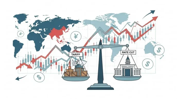 Illustration of Asian markets fluctuating with symbols for tariffs, rate cuts, and stock trends.