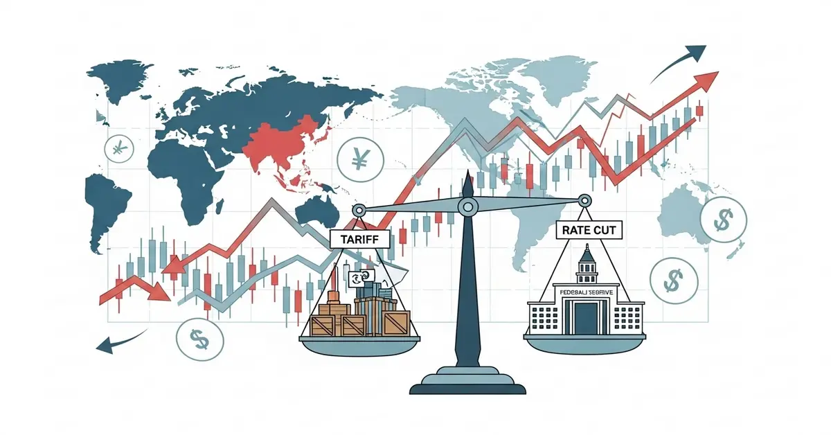 Illustration of Asian markets fluctuating with symbols for tariffs, rate cuts, and stock trends.