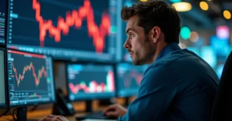 Stock trader on Wall Street looking at market data screens with red downward arrows due to tariff tensions and economic uncertainty.