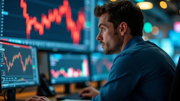 Stock trader on Wall Street looking at market data screens with red downward arrows due to tariff tensions and economic uncertainty.
