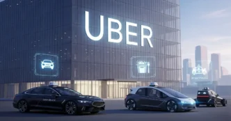 Portrait image of Uber headquarters with branded cars and futuristic delivery icons.