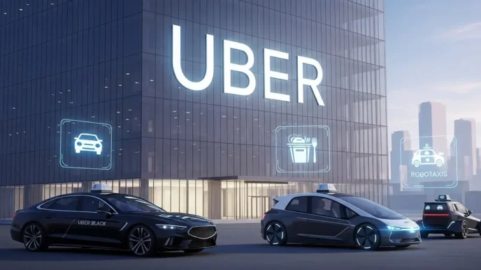 Portrait image of Uber headquarters with branded cars and futuristic delivery icons.