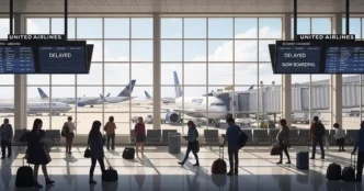 Travelers wait near a United Airlines gate at a busy U.S. airport, with delay signs on the flight status board.