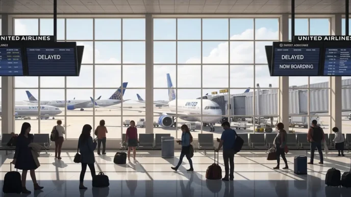 Travelers wait near a United Airlines gate at a busy U.S. airport, with delay signs on the flight status board.