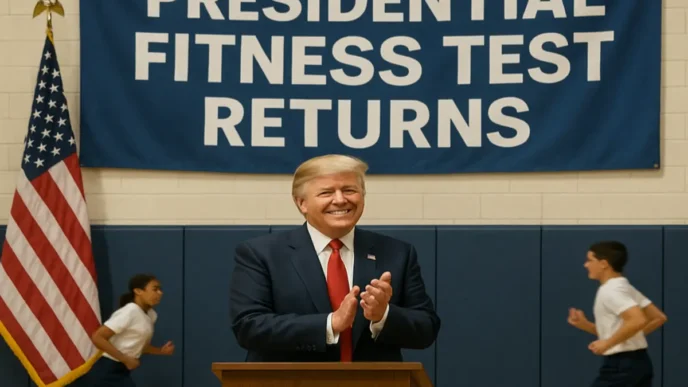 Trump claps as students do push-ups and sit-ups in a school gym.