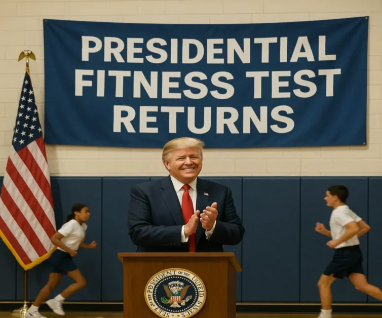 Trump claps as students do push-ups and sit-ups in a school gym.