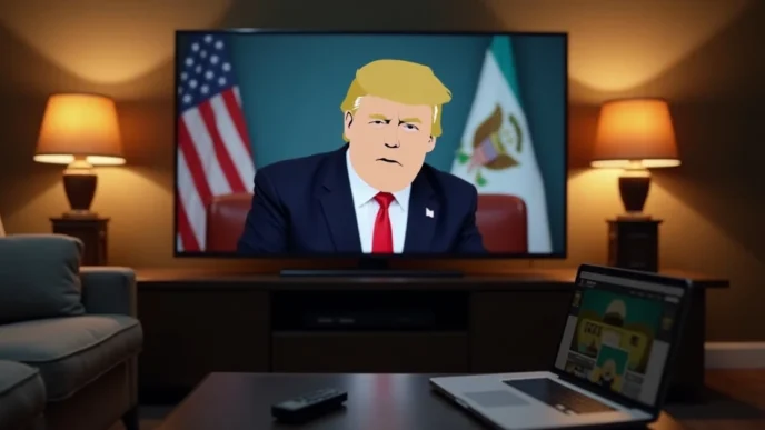 Image of TV screen showing South Park Trump parody in a real living room.