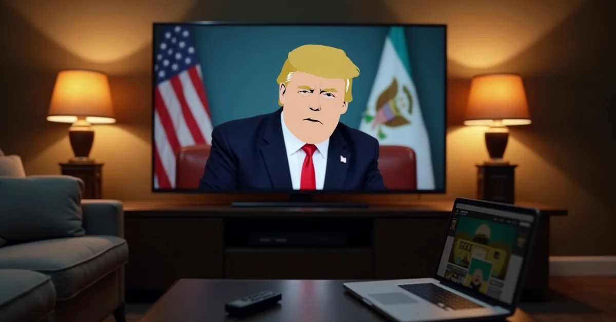 Image of TV screen showing South Park Trump parody in a real living room.