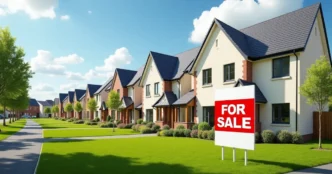 Image of British suburban houses with ‘For Sale’ sign under blue sky, symbolizing July 2025 house price rebound.