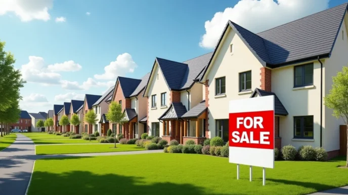 Image of British suburban houses with ‘For Sale’ sign under blue sky, symbolizing July 2025 house price rebound.