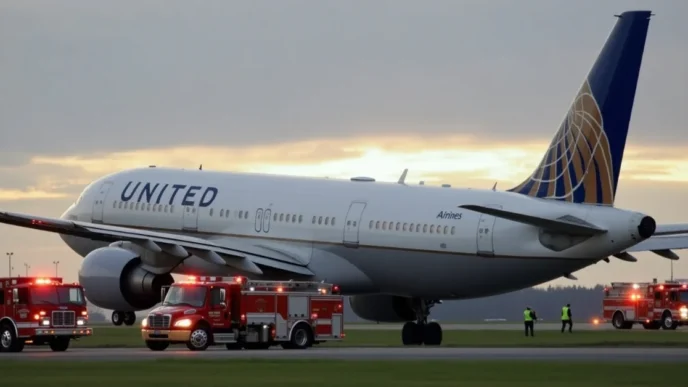 Image of United Airlines plane on runway at Dulles after mayday landing with emergency teams nearby.