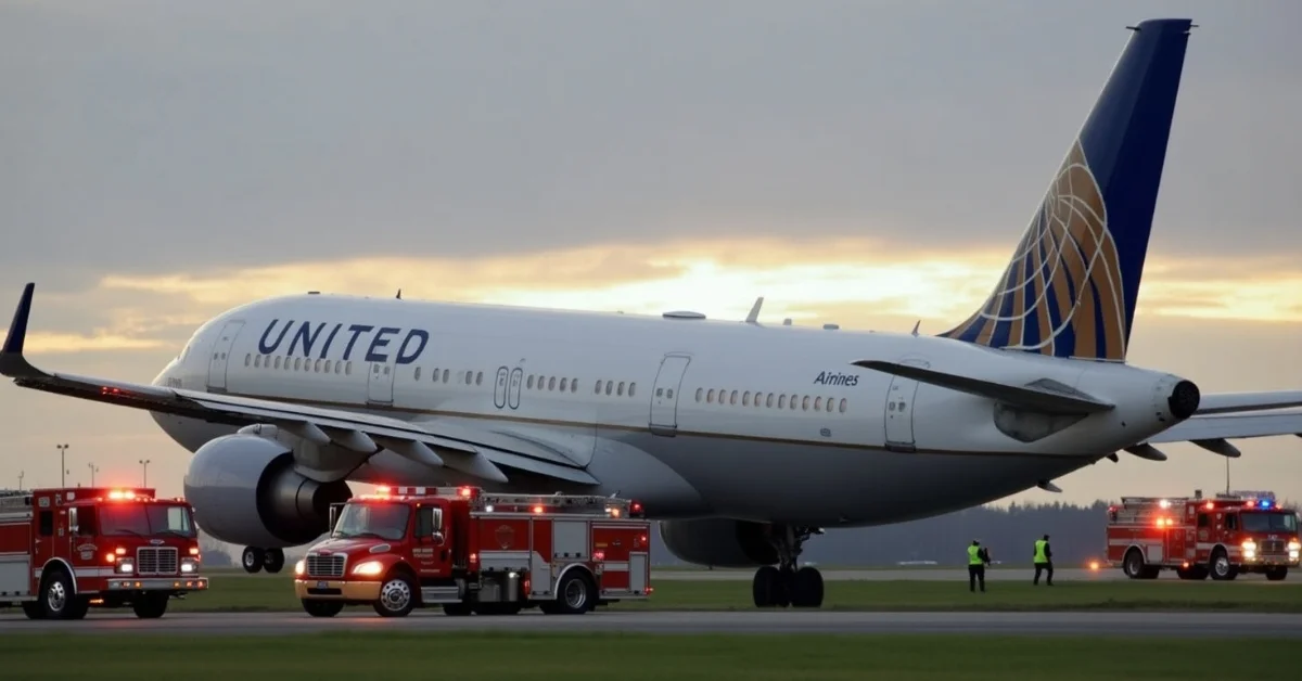 Image of United Airlines plane on runway at Dulles after mayday landing with emergency teams nearby.